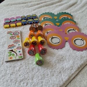 Owl Stickers, Erasers, Paper Glasses, Ink Plastic Stampers Kids Party Favors